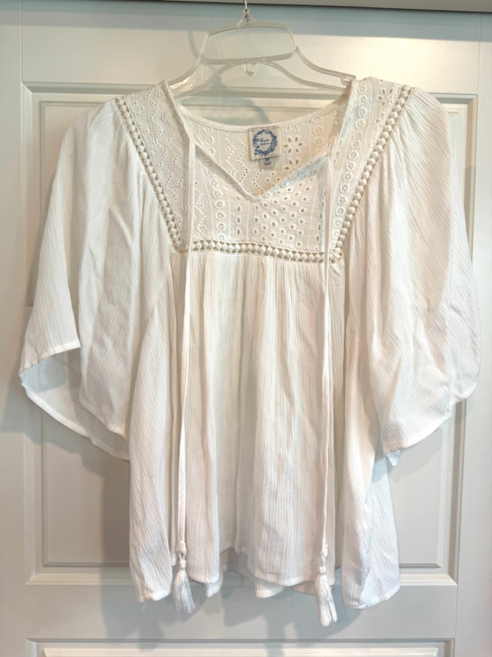 Blue Rain White Boho Eyelet Peasant Blouse